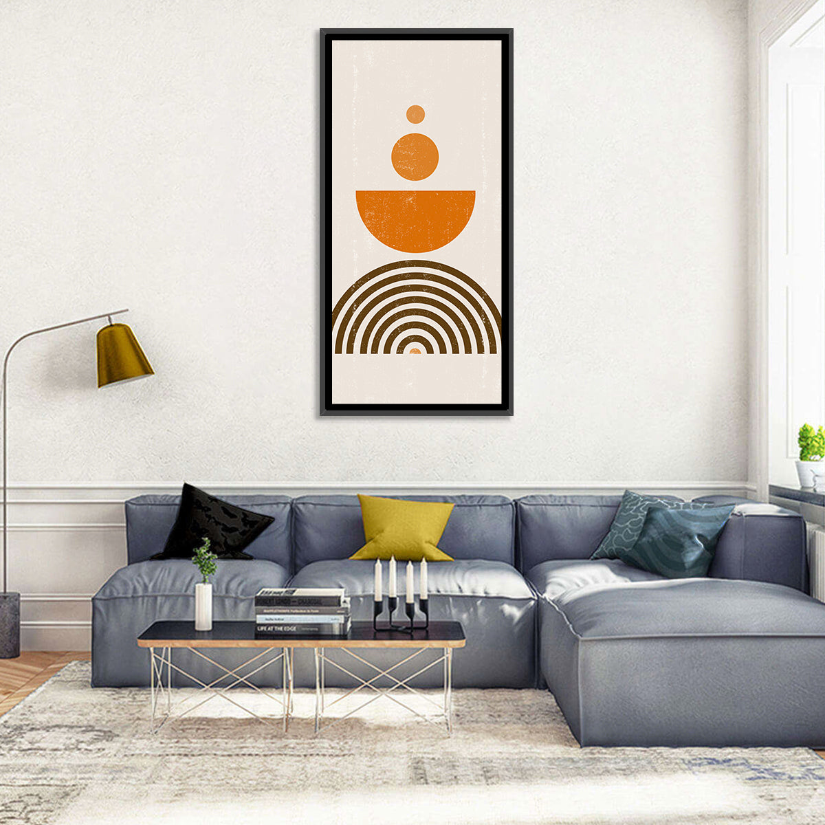 Stacked Orange Sun Wall Art in a room, portrait
