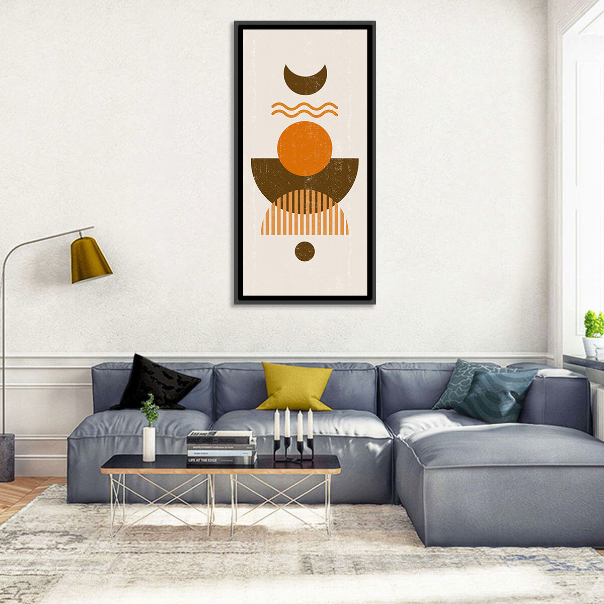 Earthy Sun and Crescent Moon Wall Art in a room, portrait