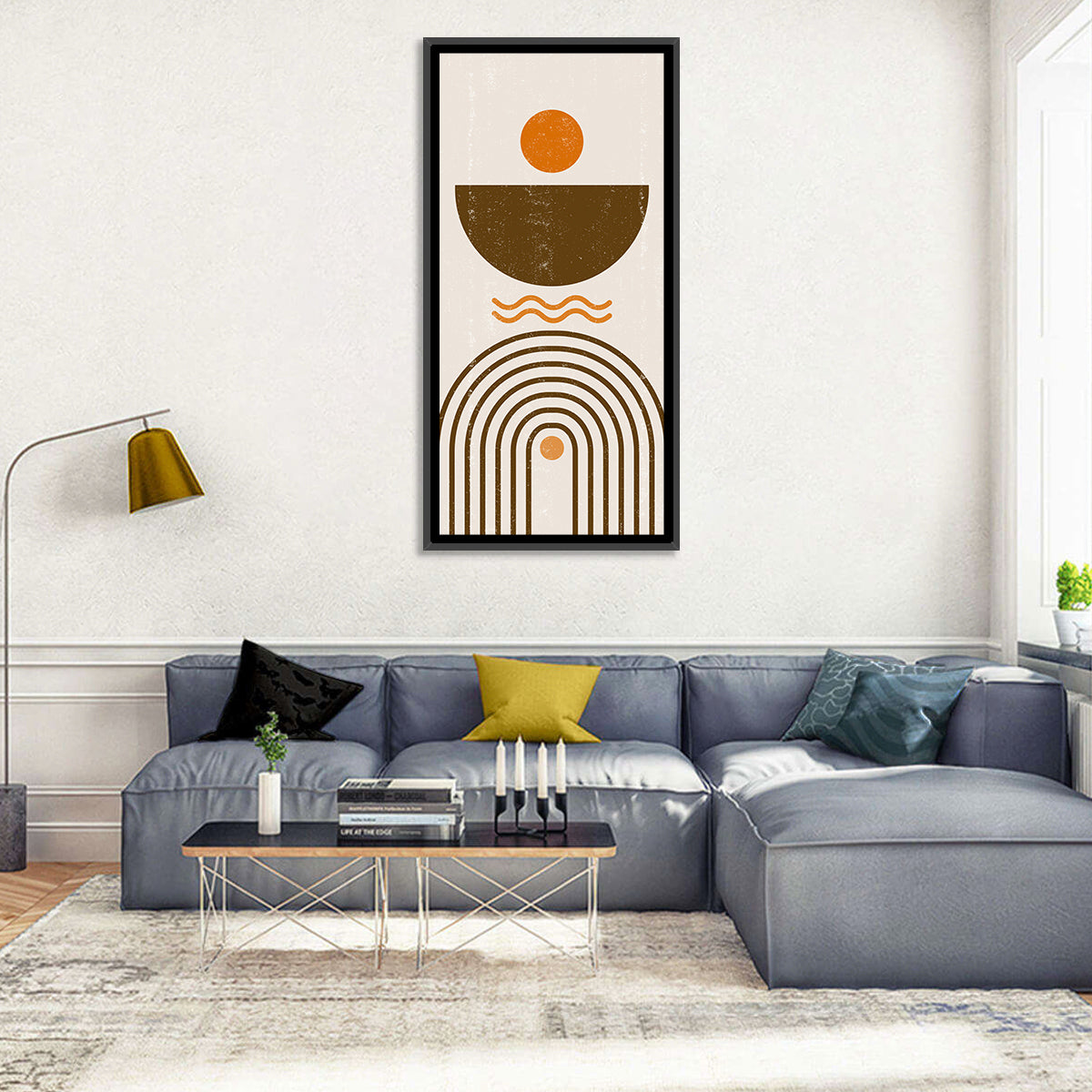 Earth Tone Rainbow Arch Wall Art in a room, portrait