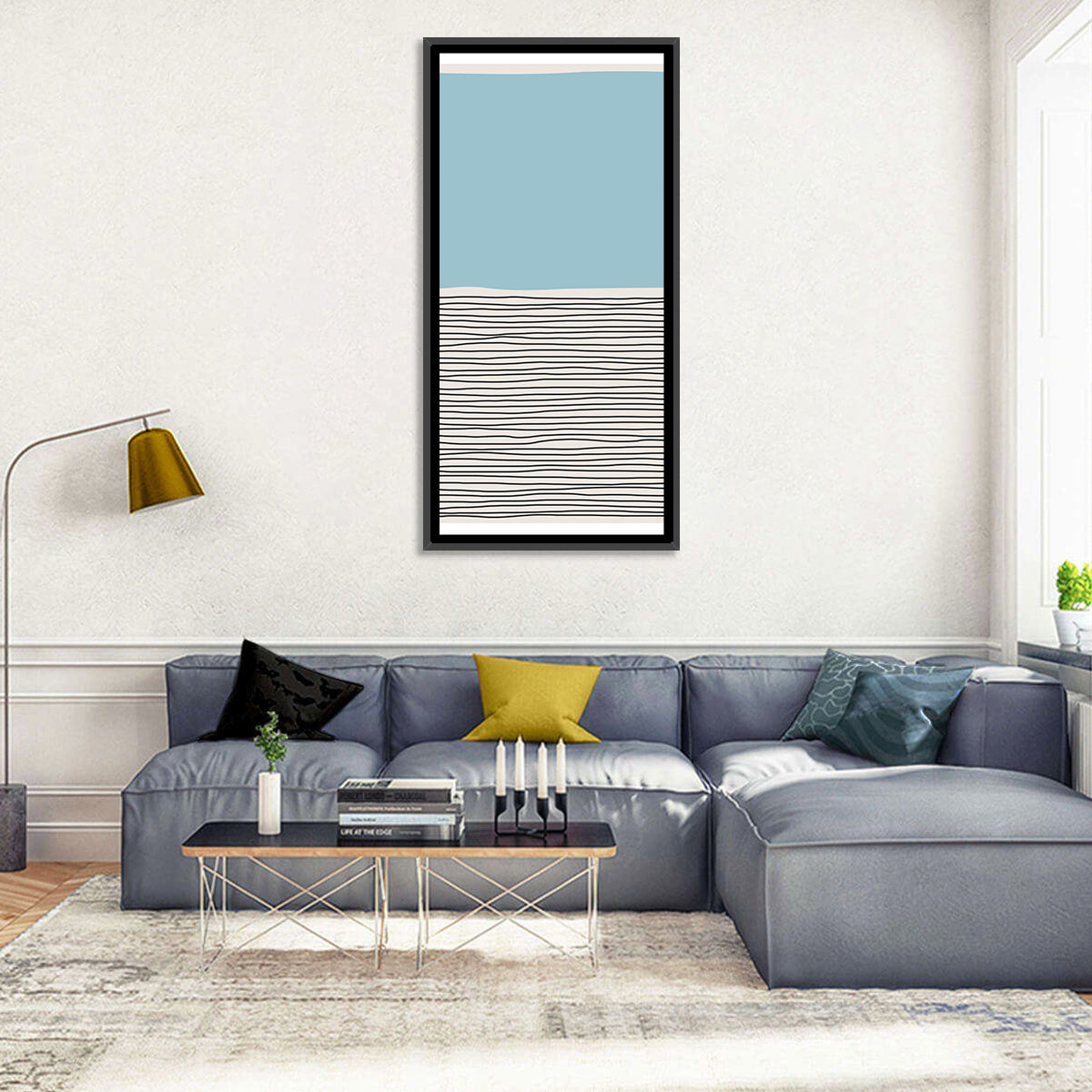 Blue Horizon Minimalist V Wall Art in a room, portrait