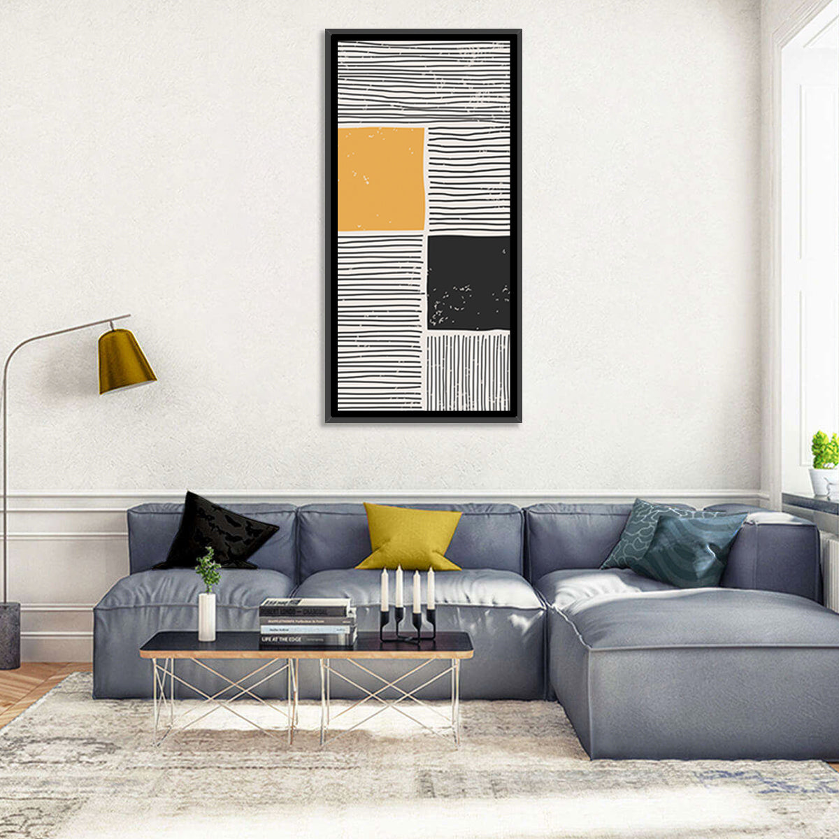 Beige and Yellow Grid Study Wall Art in a room, portrait