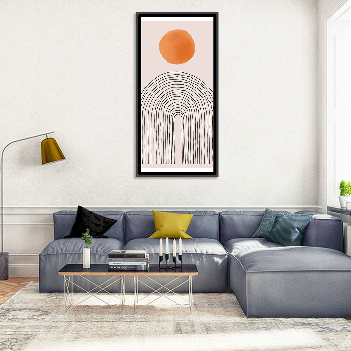 Hand-drawn Sun and Arches Wall Art in a room, portrait