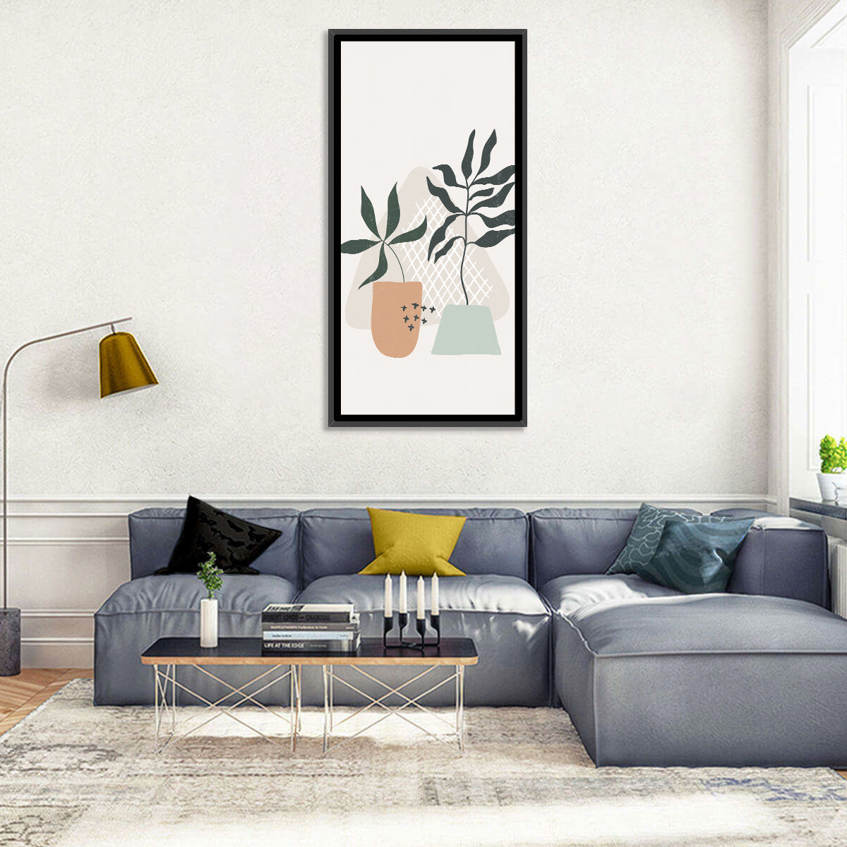 Potted Plants with Hand-drawn Grid Wall Art in a room, portrait