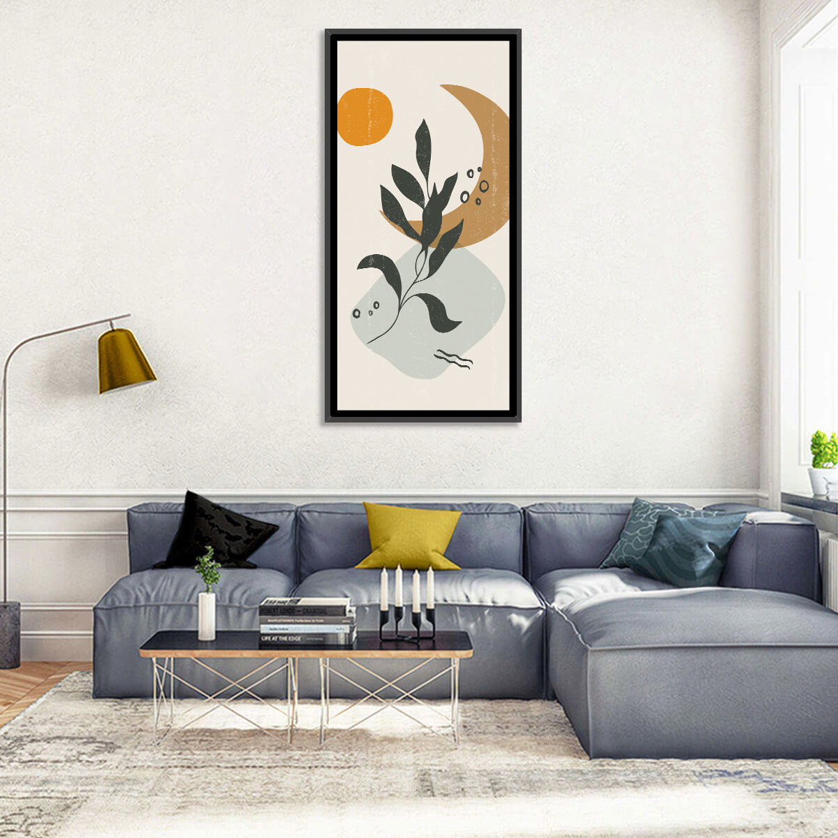 Leafy Branch with Sun and Moon Wall Art in a room, portrait