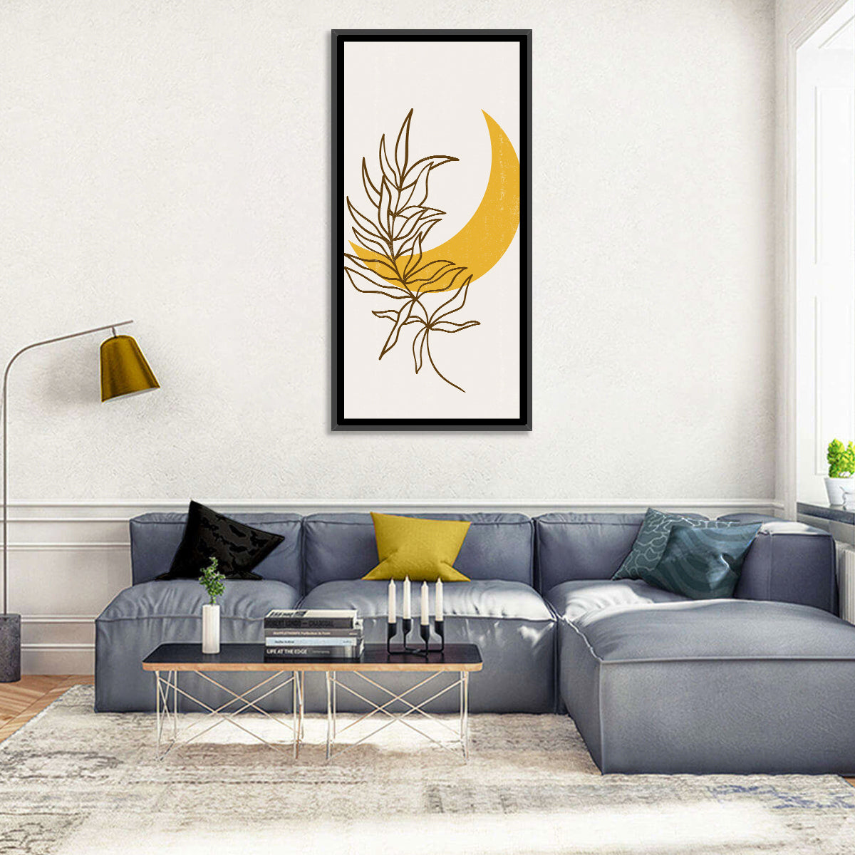 Crescent Moon Leaf Illustration Wall Art in a room, portrait