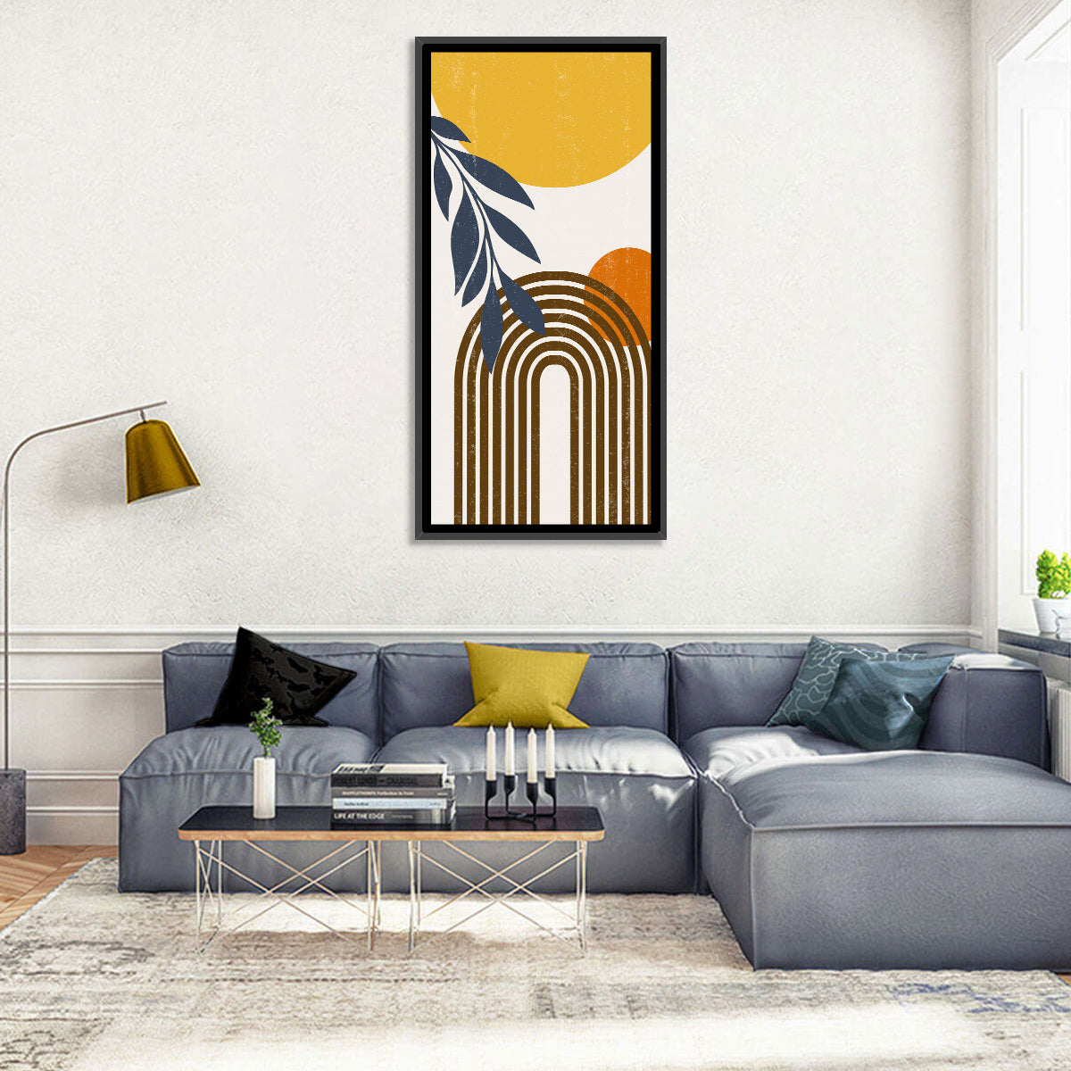 Boho Sun and Moon with Leaves Wall Art in a room, portrait