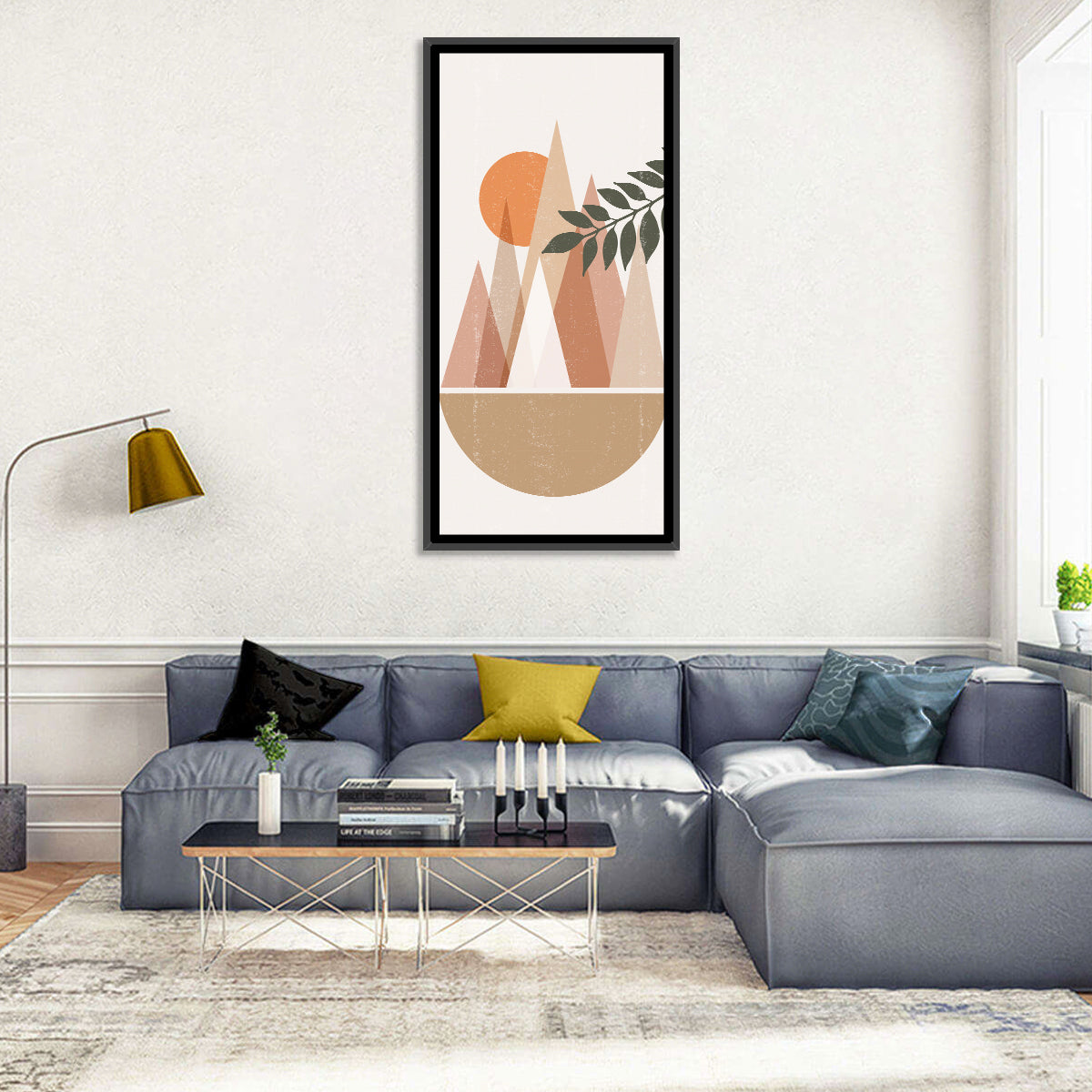 Geometric Mountain Sunset Wall Art in a room, portrait
