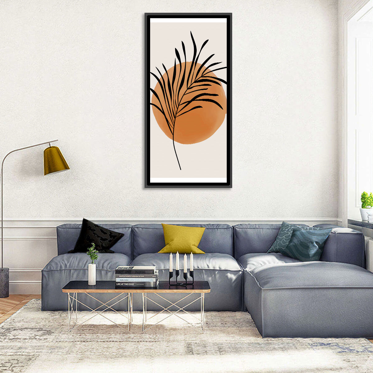 Long Palm Frond Minimalist Wall Art in a room, portrait
