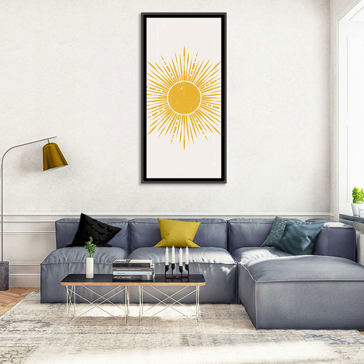 Golden Boho Sunburst Wall Art in a room, portrait