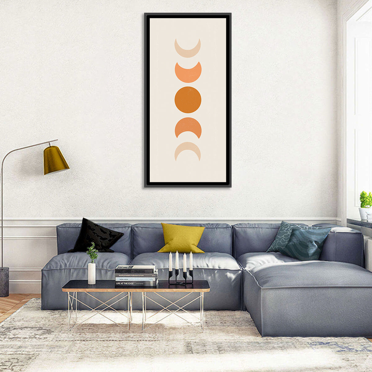 Minimalist Moon Phases Wall Art in a room, portrait