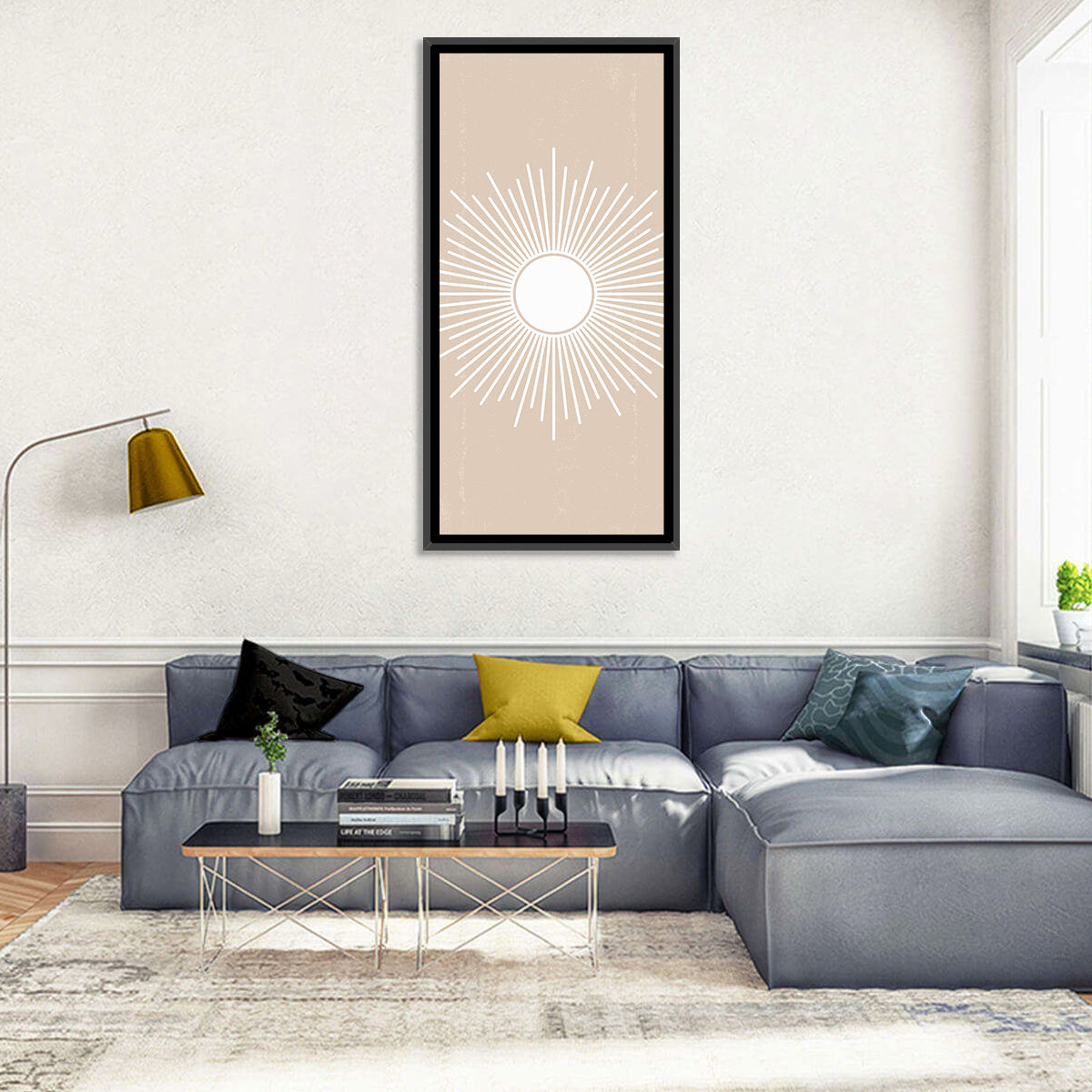 Boho Sun Mandala Wall Art in a room, portrait