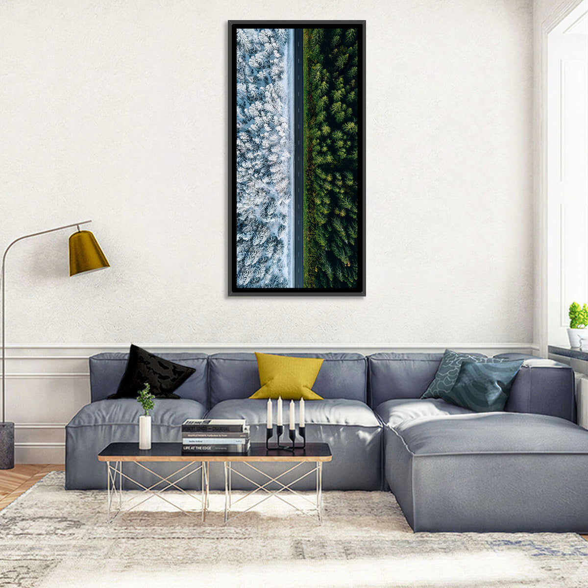 Summer and Winter Forests Wall Art in a room, portrait