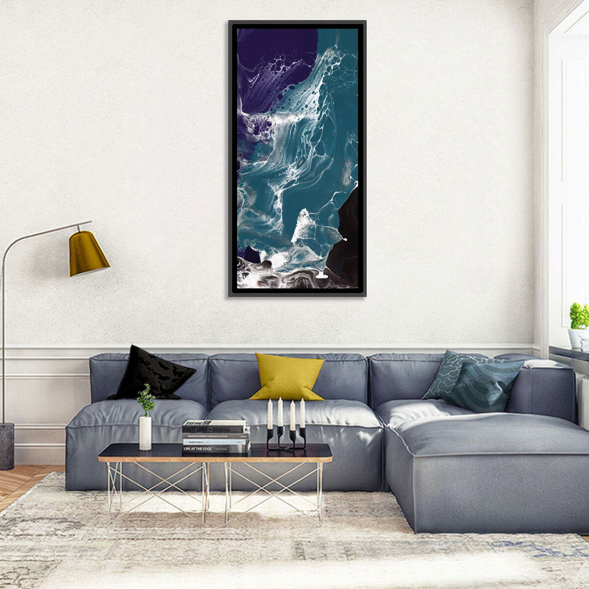 Teal and Purple Marble Texture Wall Art in a room, portrait