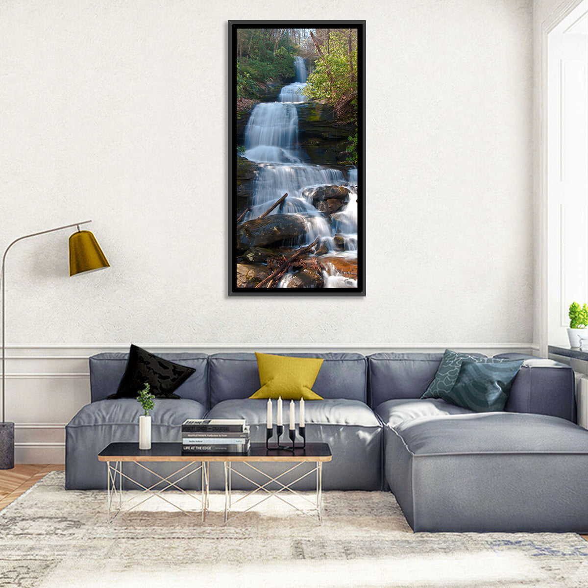Desoto Falls Cascading Waterfall Wall Art in a room, portrait
