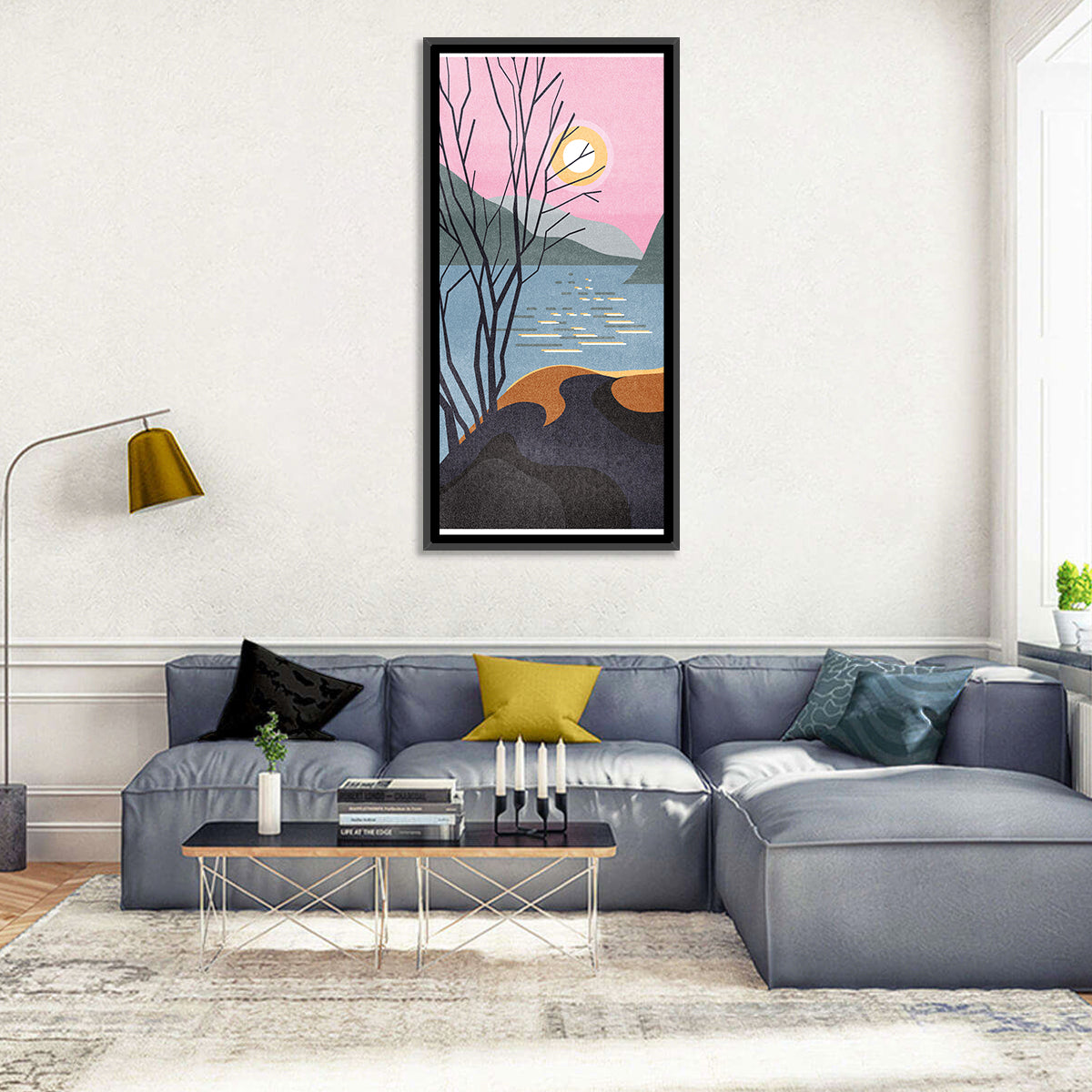 Sunset Over Lake with Bare Tree Wall Art in a room, portrait