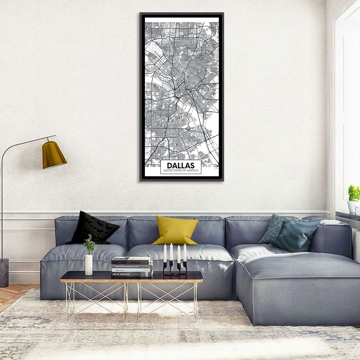 Dallas City Map with Coordinates Wall Art in a room, portrait
