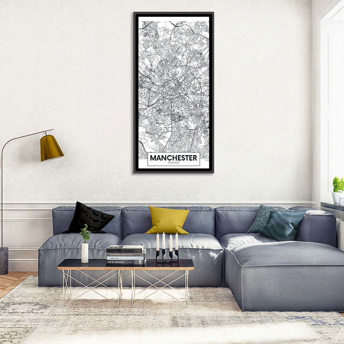 Manchester City Map, Minimalist Wall Art in a room, portrait