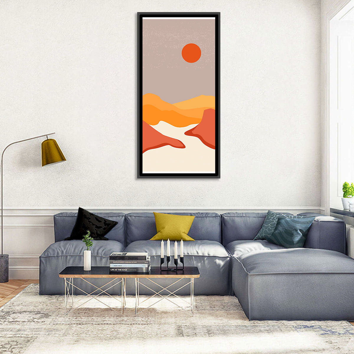 Desert Sunset Mountain Landscape Wall Art in a room, portrait