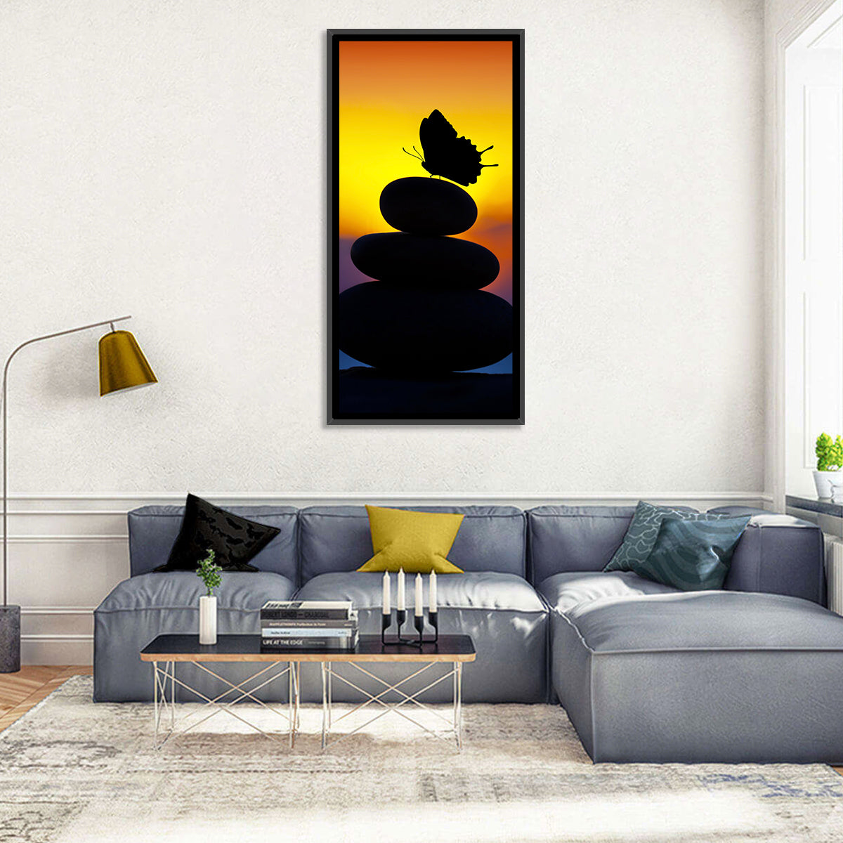 Stacked Spa Stones with Butterfly Wall Art in a room, portrait