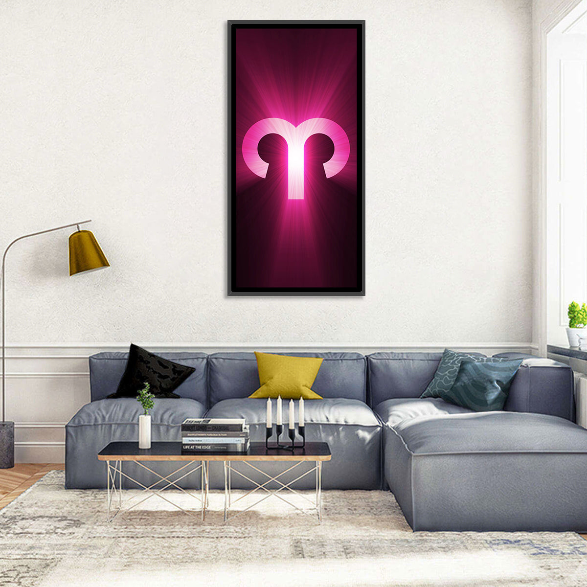 Radiant Aries Zodiac Emblem Wall Art in a room, portrait