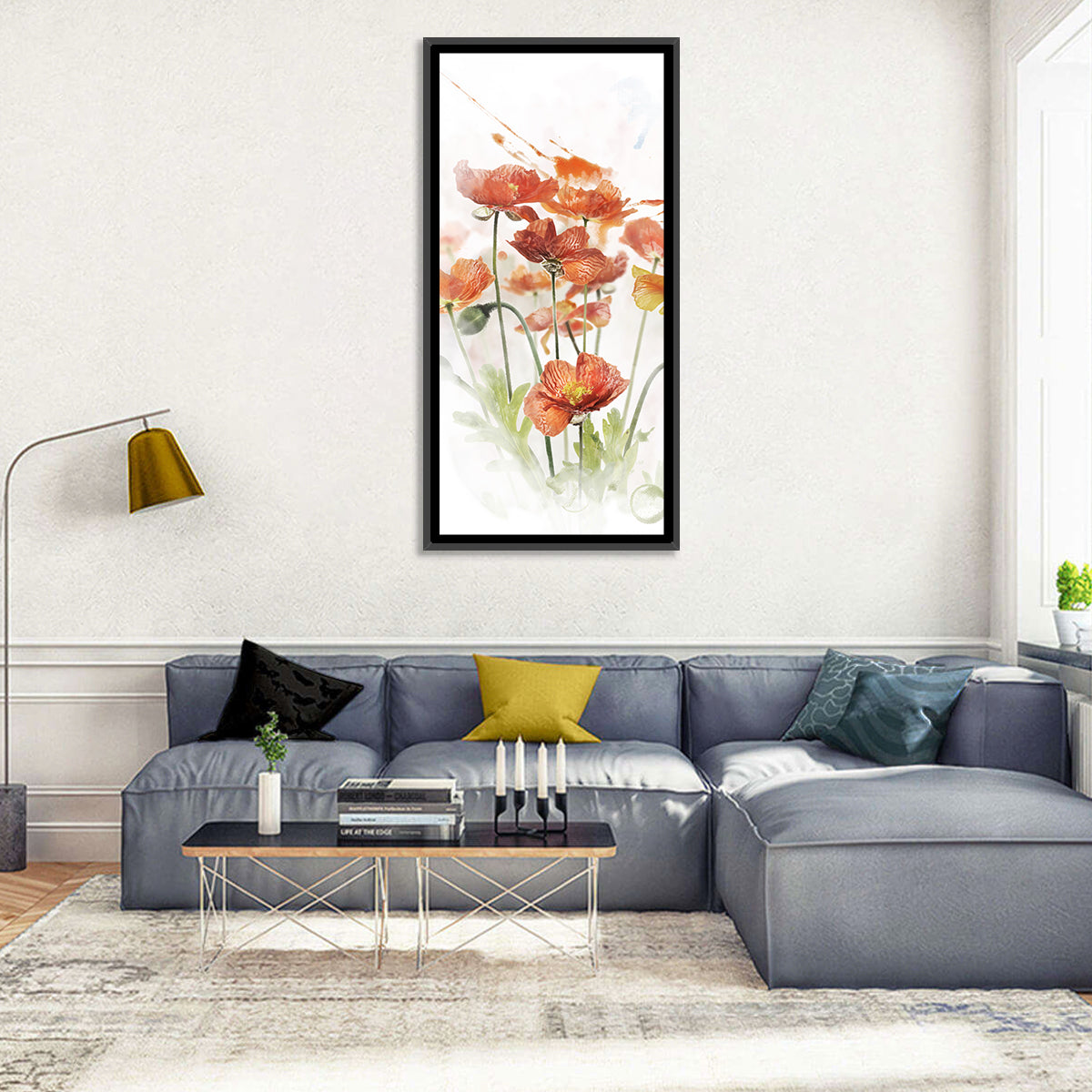 Orange Poppy Cluster Wall Art in a room, portrait