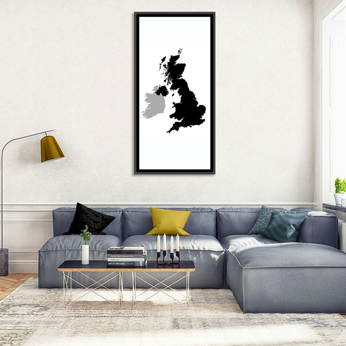 United Kingdom Silhouette Map Wall Art in a room, portrait