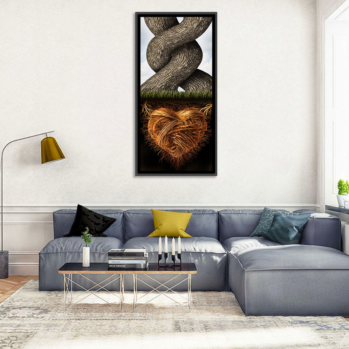 Intertwined Trees with Heart-shaped Roots Wall Art in a room, portrait