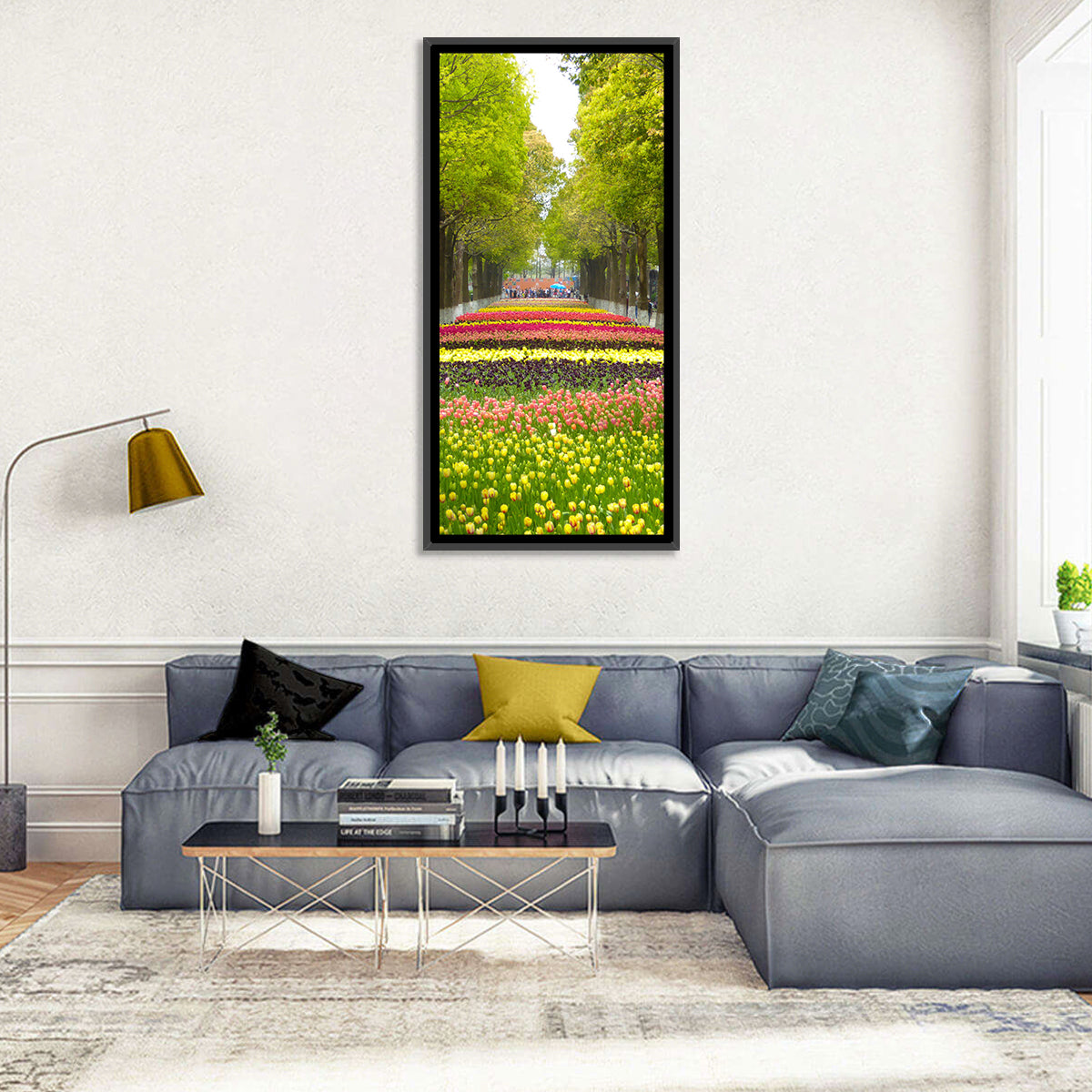 Tree-lined Tulip Garden Path Wall Art in a room, portrait