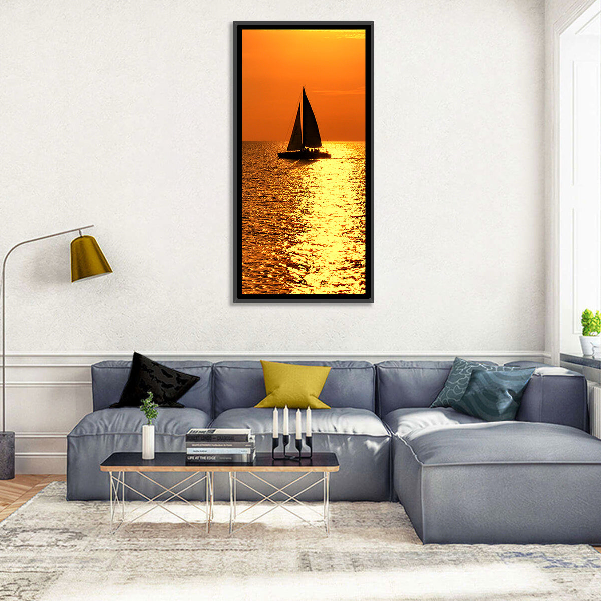 Sailboat Silhouette at Golden Sunset Wall Art in a room, portrait