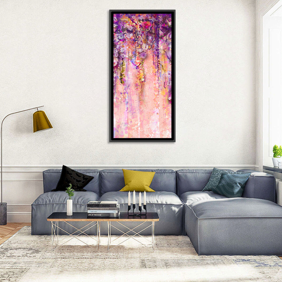 Cascading Wisteria Vines Wall Art in a room, portrait
