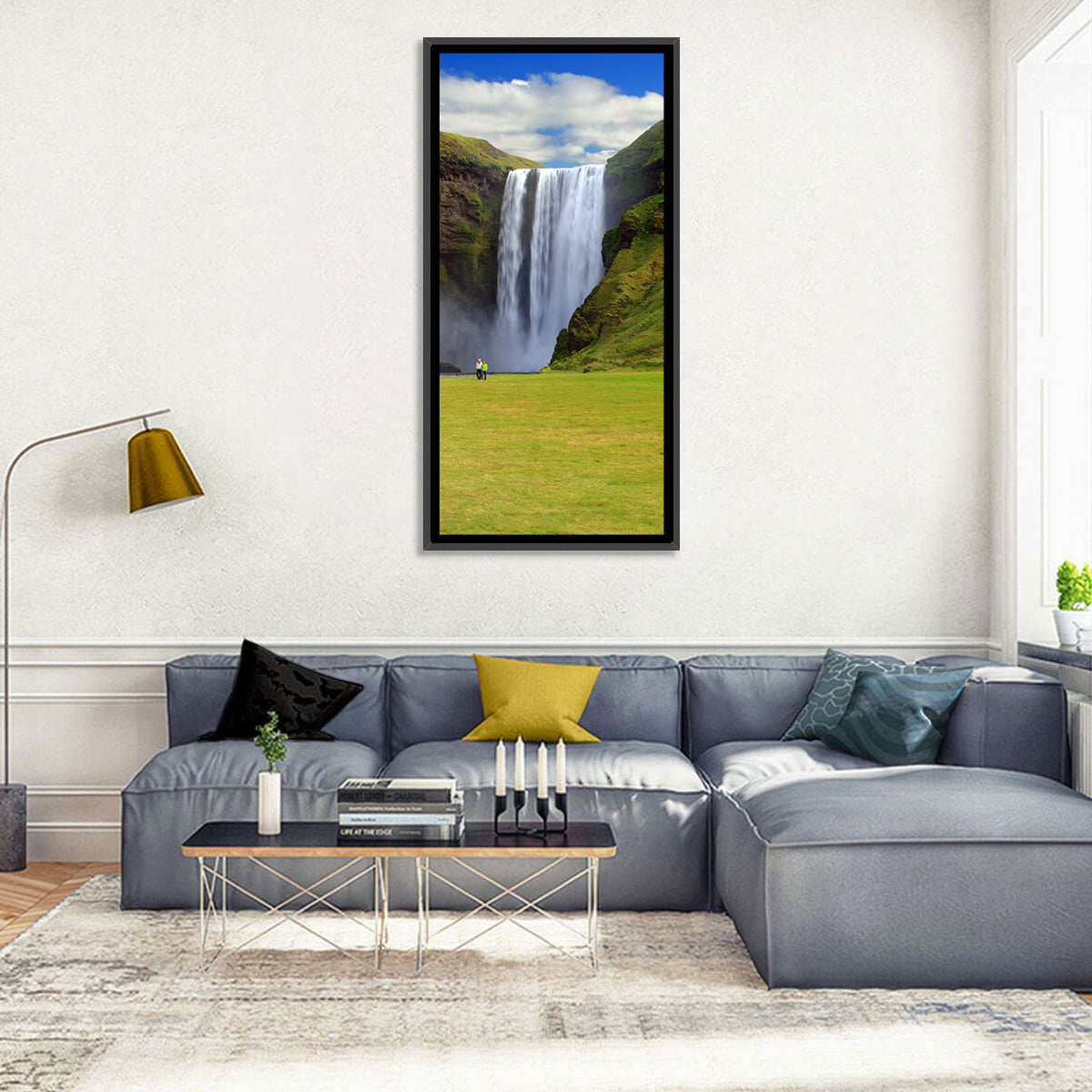Skógafoss Waterfall Wall Art in a room, portrait