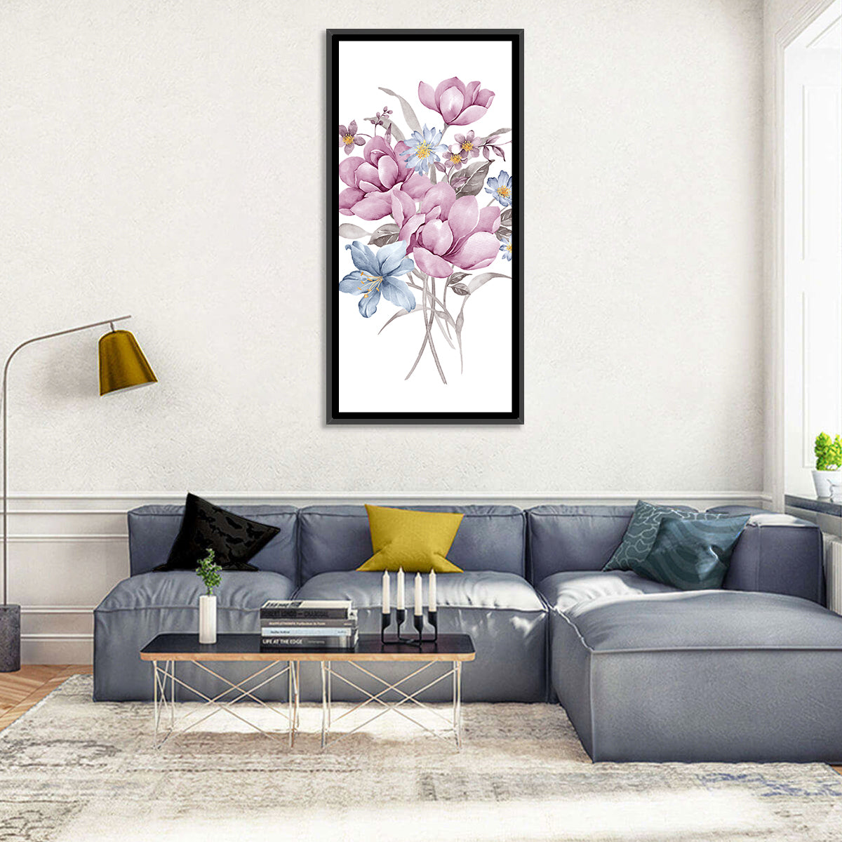 Pink Watercolor Bouquet Illustration Wall Art in a room, portrait