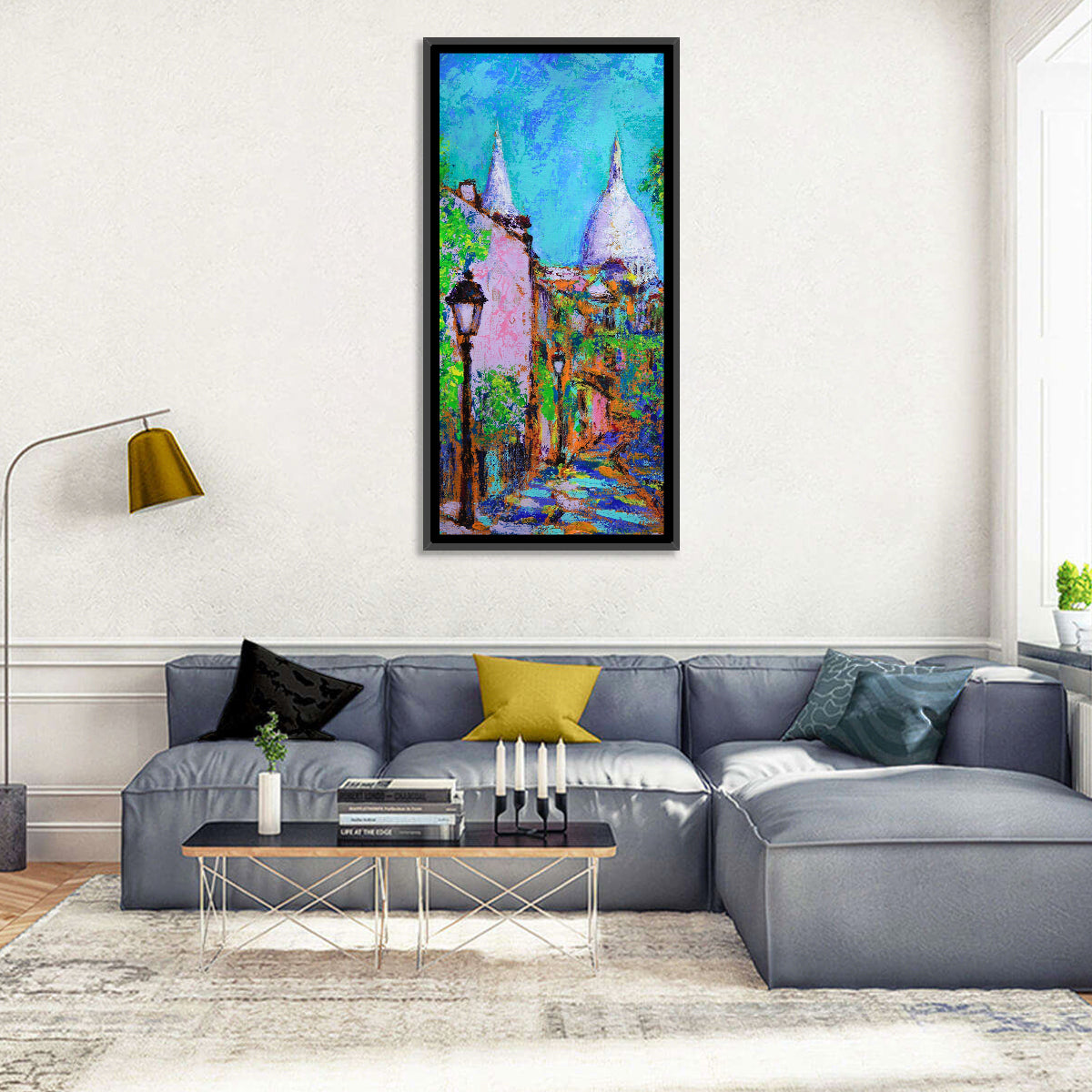 Montmartre Street with Sacre Coeur Dome Wall Art in a room, portrait