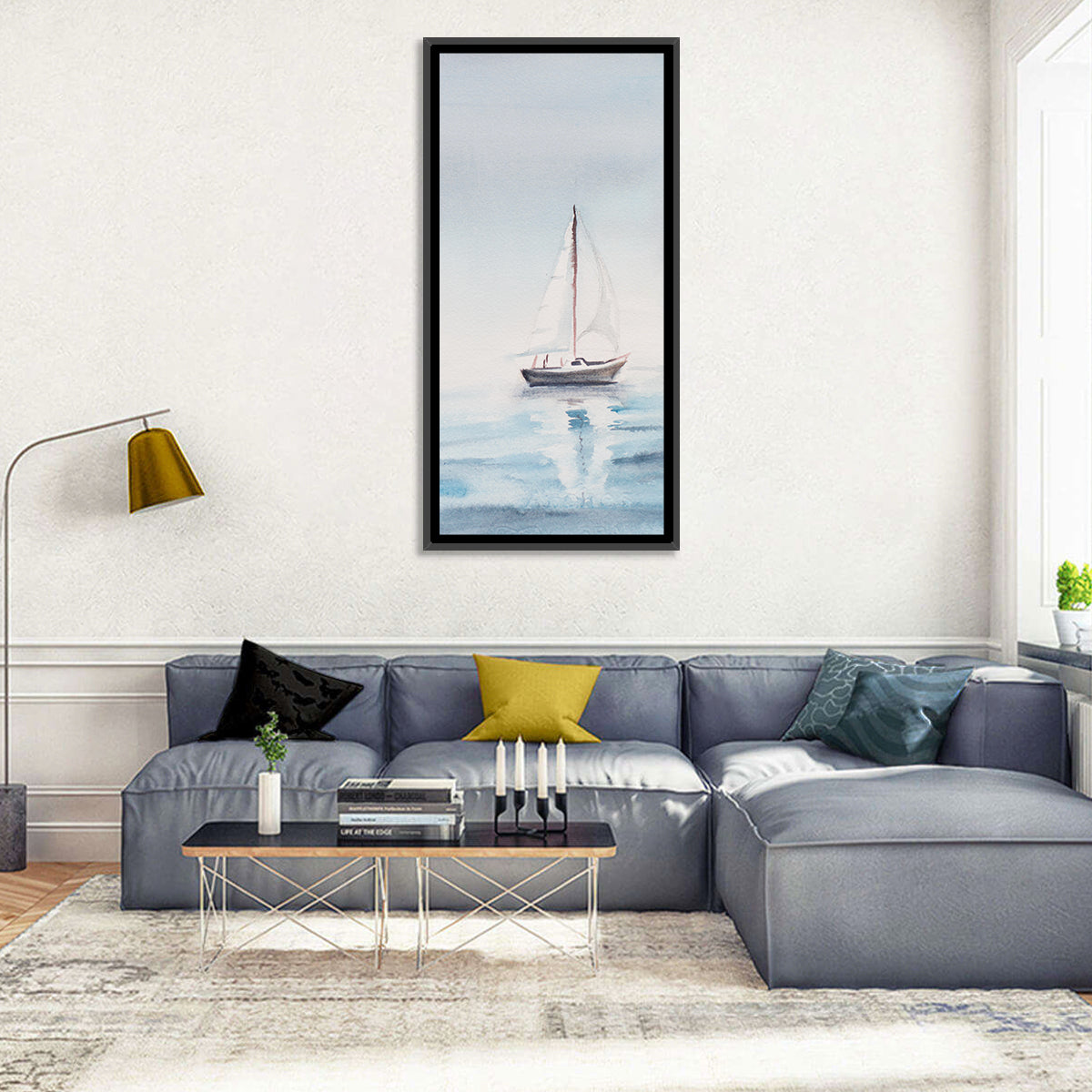 Sailboat on Calm Sea Wall Art in a room, portrait