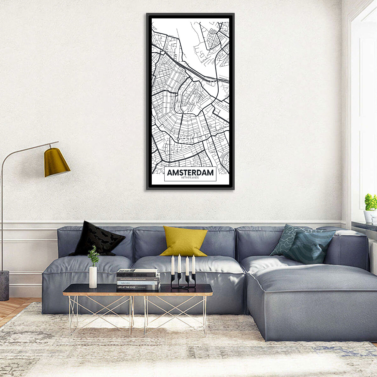 Amsterdam Canal Map Wall Art in a room, portrait