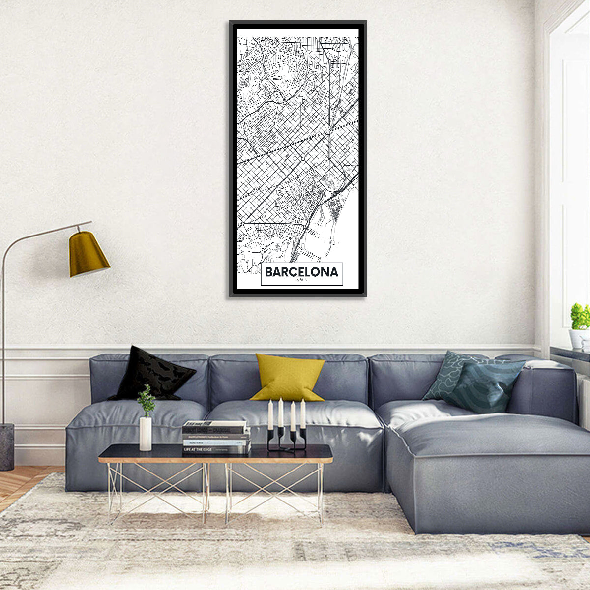 Barcelona Urban Grid Map Wall Art in a room, portrait