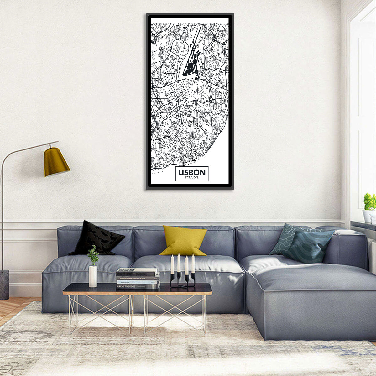 Lisbon Schematic Map Wall Art in a room, portrait