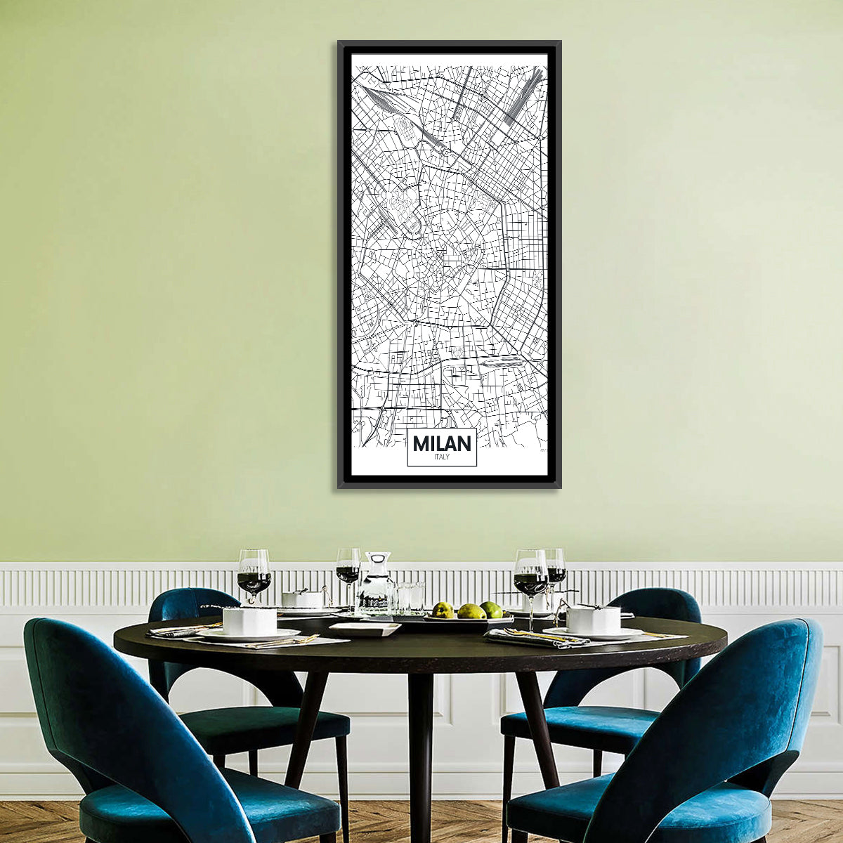 Milan City Map Wall Art in a room, portrait