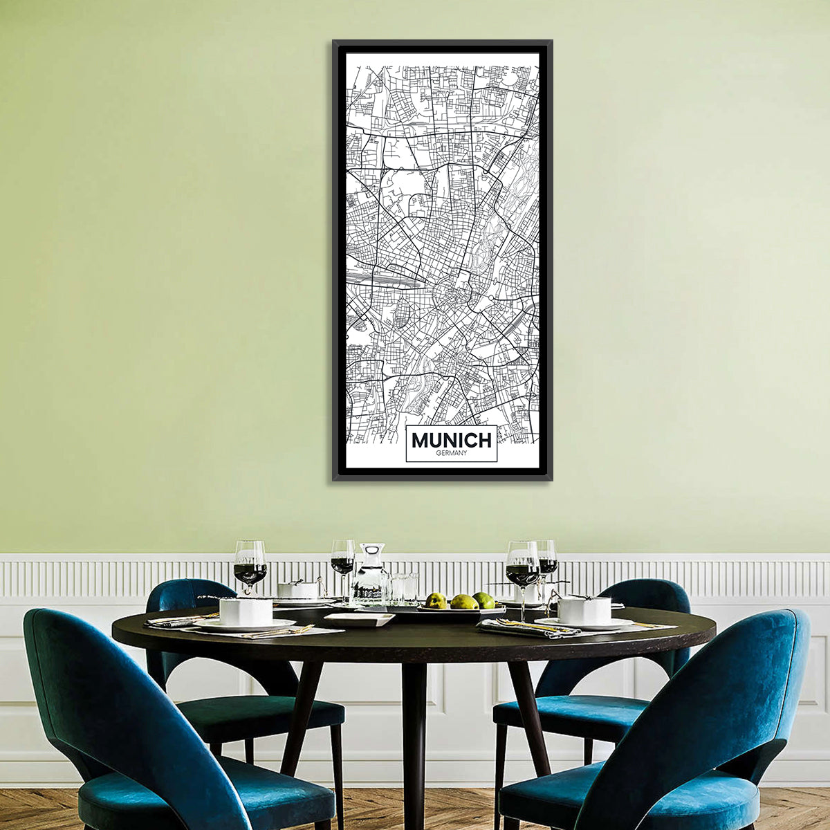 Munich City Map Wall Art in a room, portrait