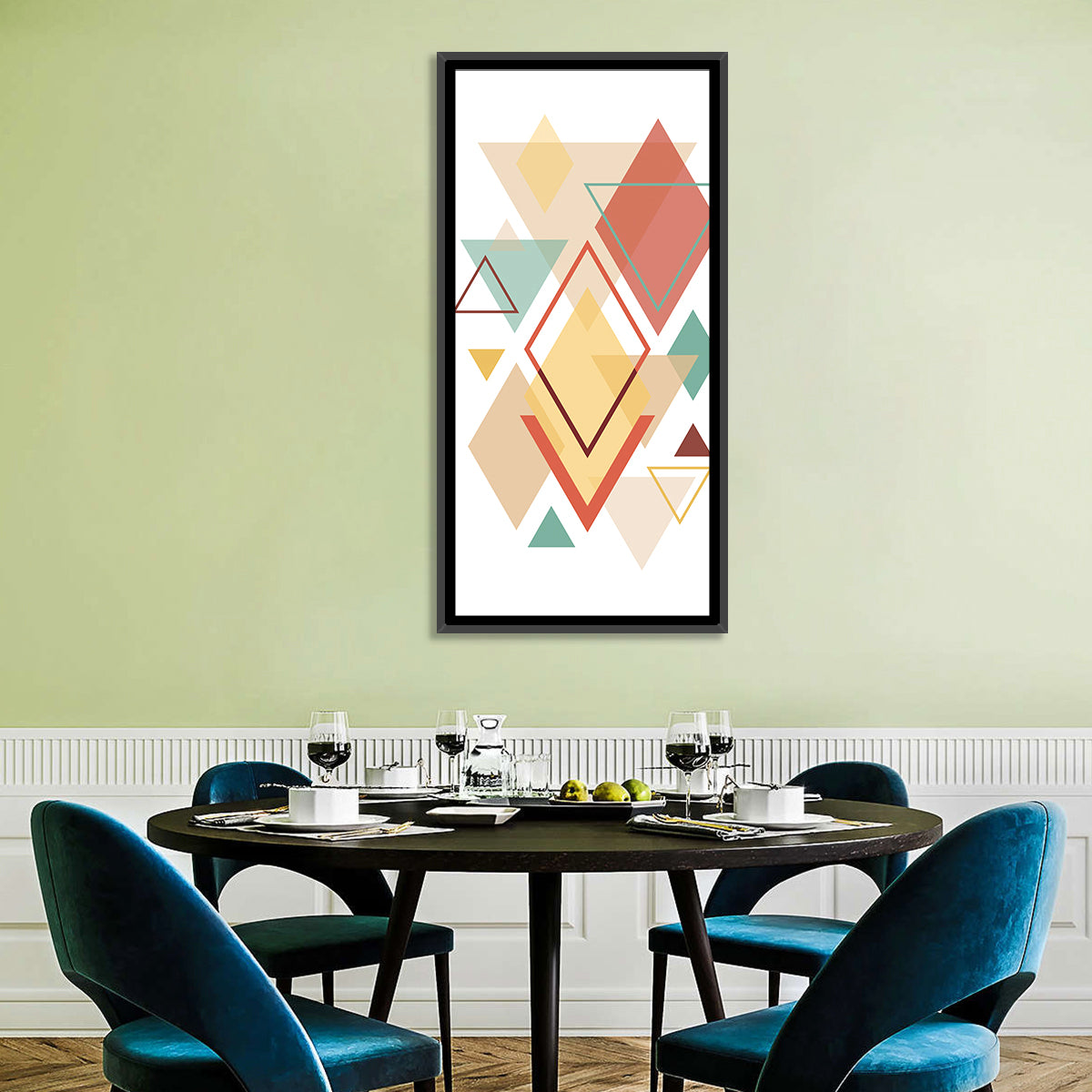 Layered Scandinavian Geometric Abstract Wall Art in a room, portrait