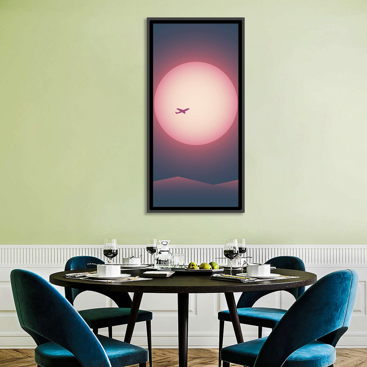 Twilight Airplane Over Mountains Wall Art in a room, portrait