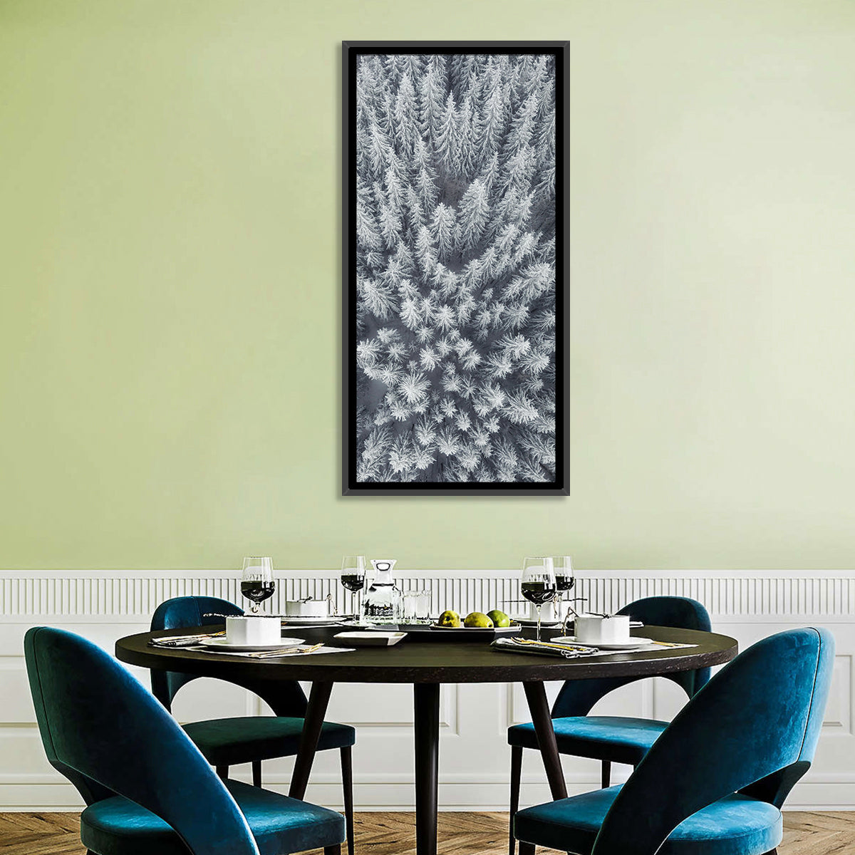 Snow Covered Pine Forest Wall Art in a room, portrait