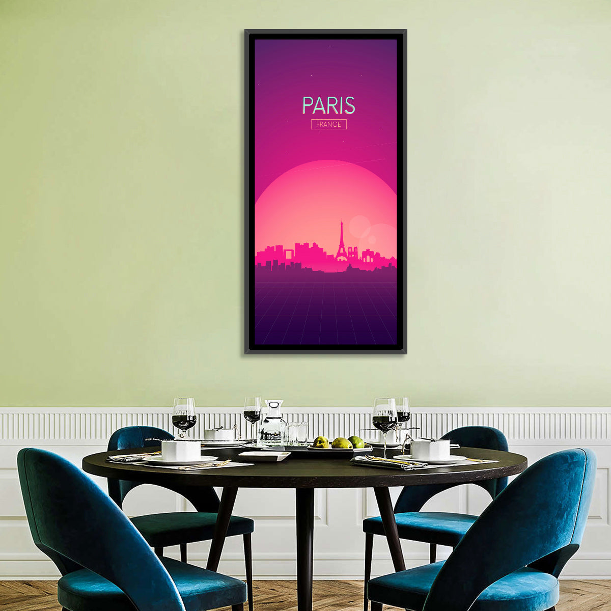 Paris Synthwave Skyline Wall Art in a room, portrait