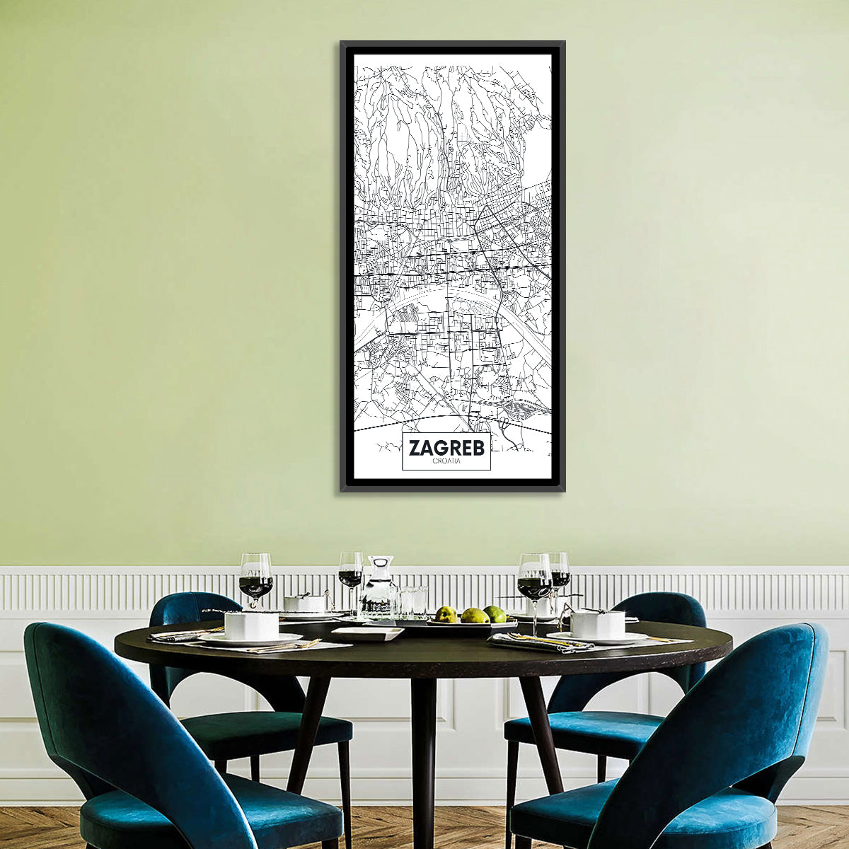 Zagreb City Map Wall Art in a room, portrait