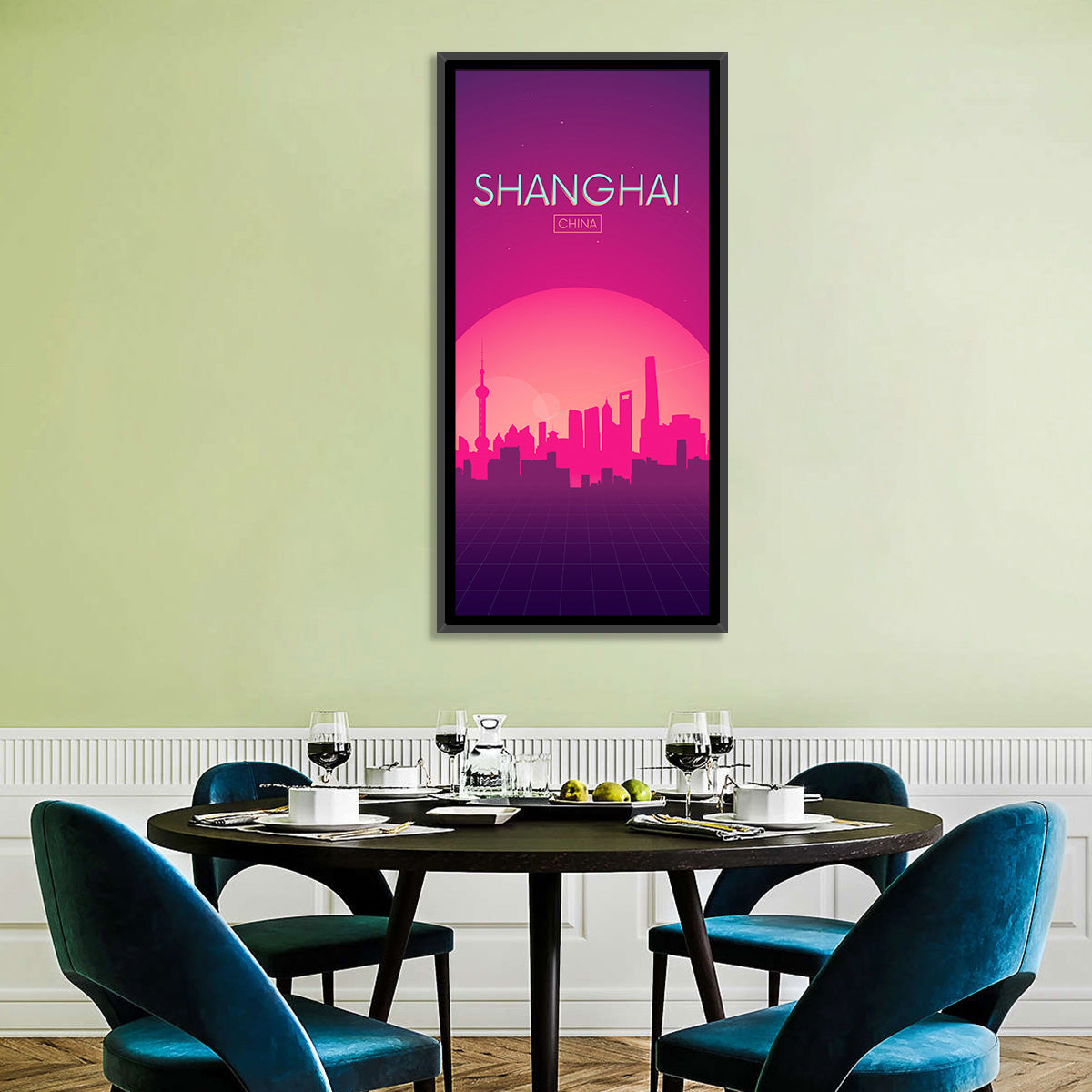 Shanghai Neon Sunset Skyline Wall Art in a room, portrait