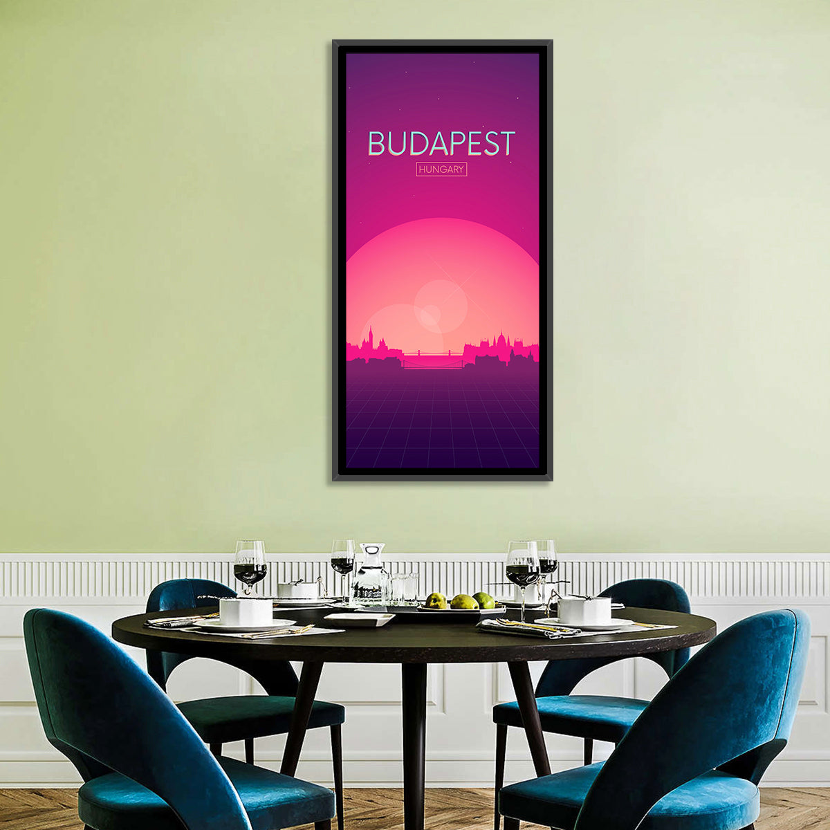 Budapest Sunset Skyline Wall Art in a room, portrait