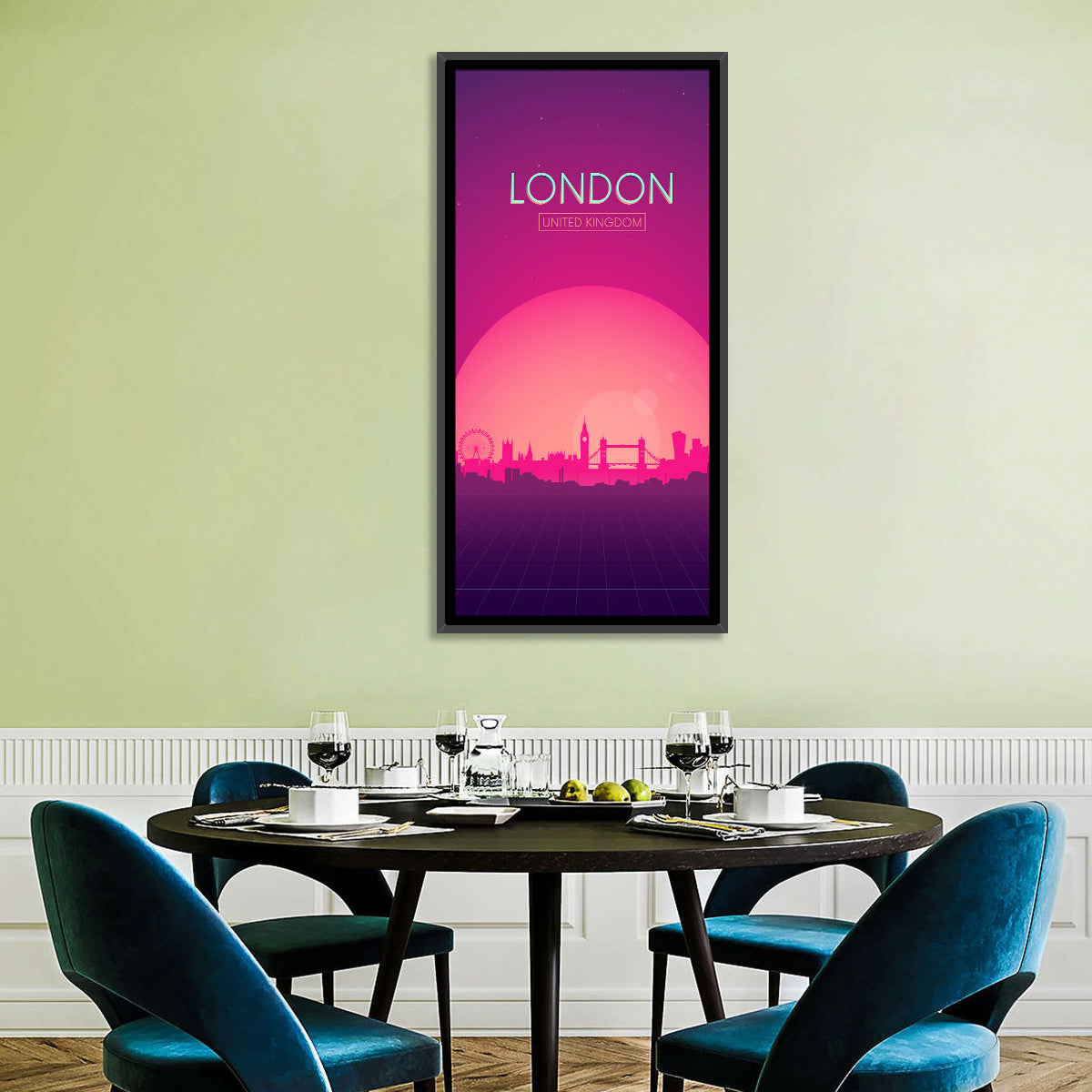 Retro London Sunset Skyline Wall Art in a room, portrait