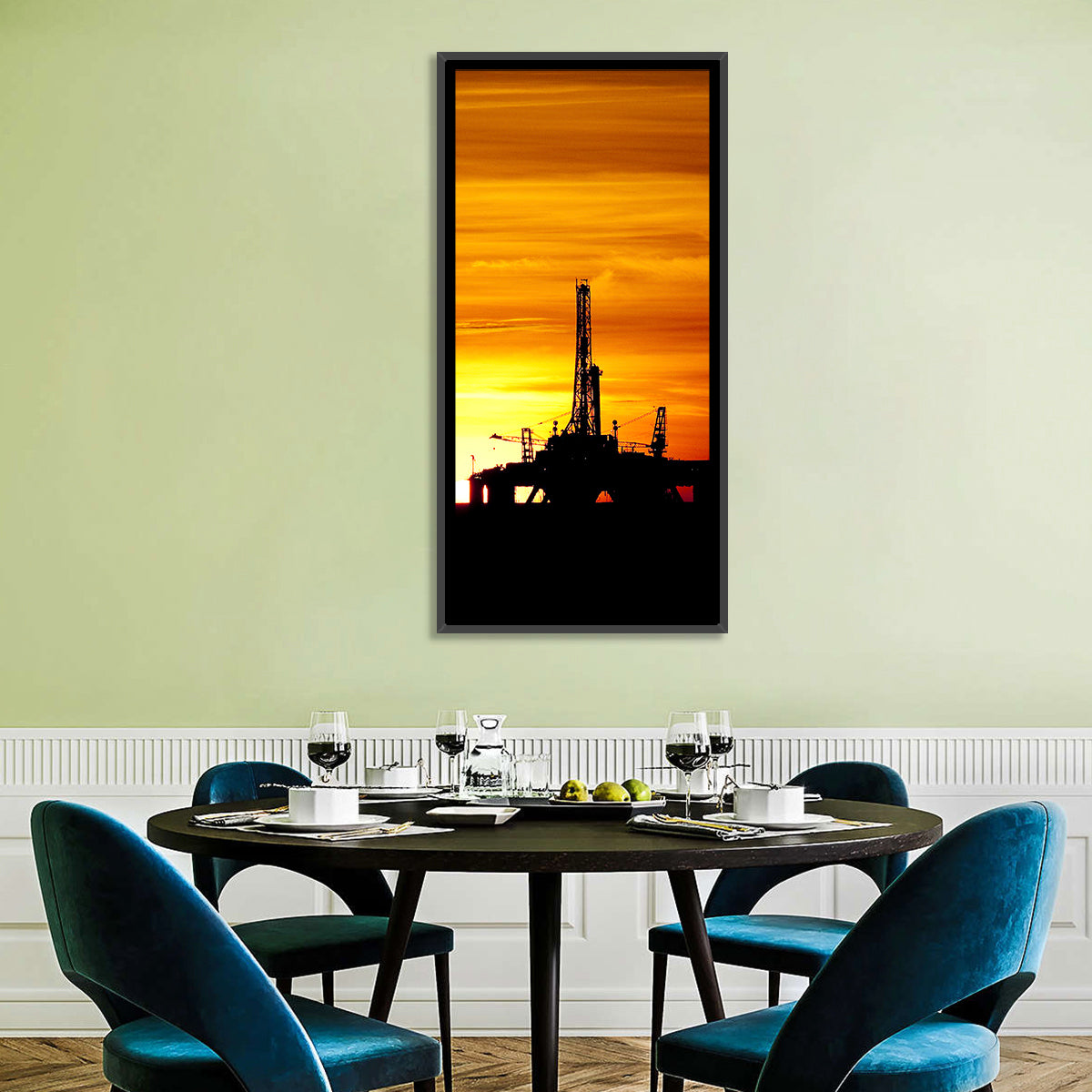 Offshore Oil Rig at Sunset Wall Art in a room, portrait