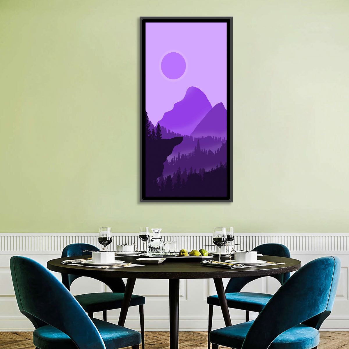 Purple Mountain Dusk Wall Art in a room, portrait
