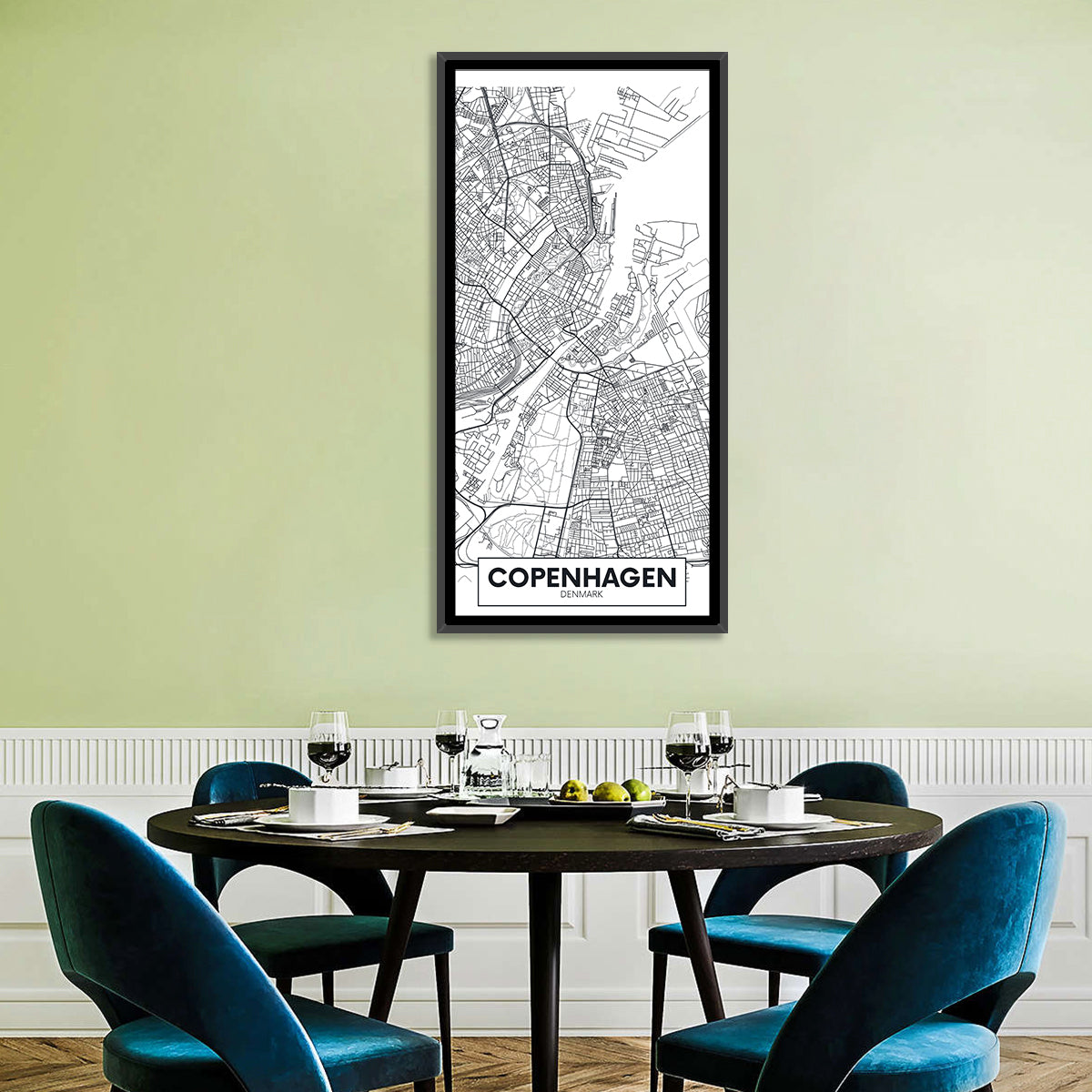 Copenhagen City Map Wall Art in a room, portrait